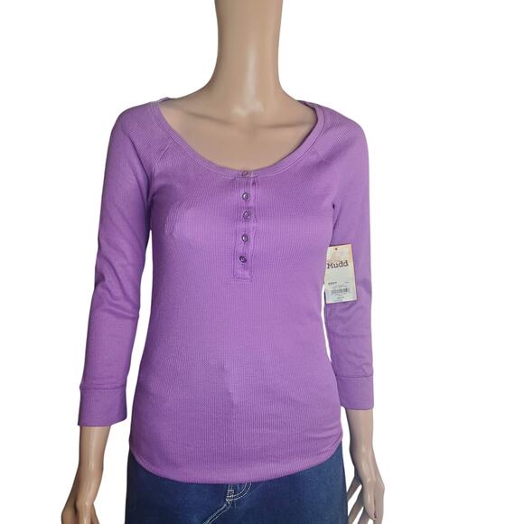 NEW Mudd Size S Y2K Fitted Ribbed Knit Henley Top Purple Lace Back Romantic - Picture 1 of 9